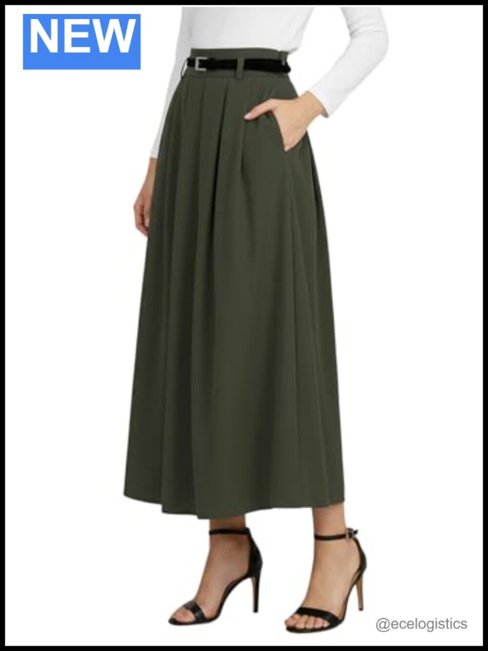 Pleated Belted High Waisted A Line Maxi Skirt Polyester Zipper Pockets